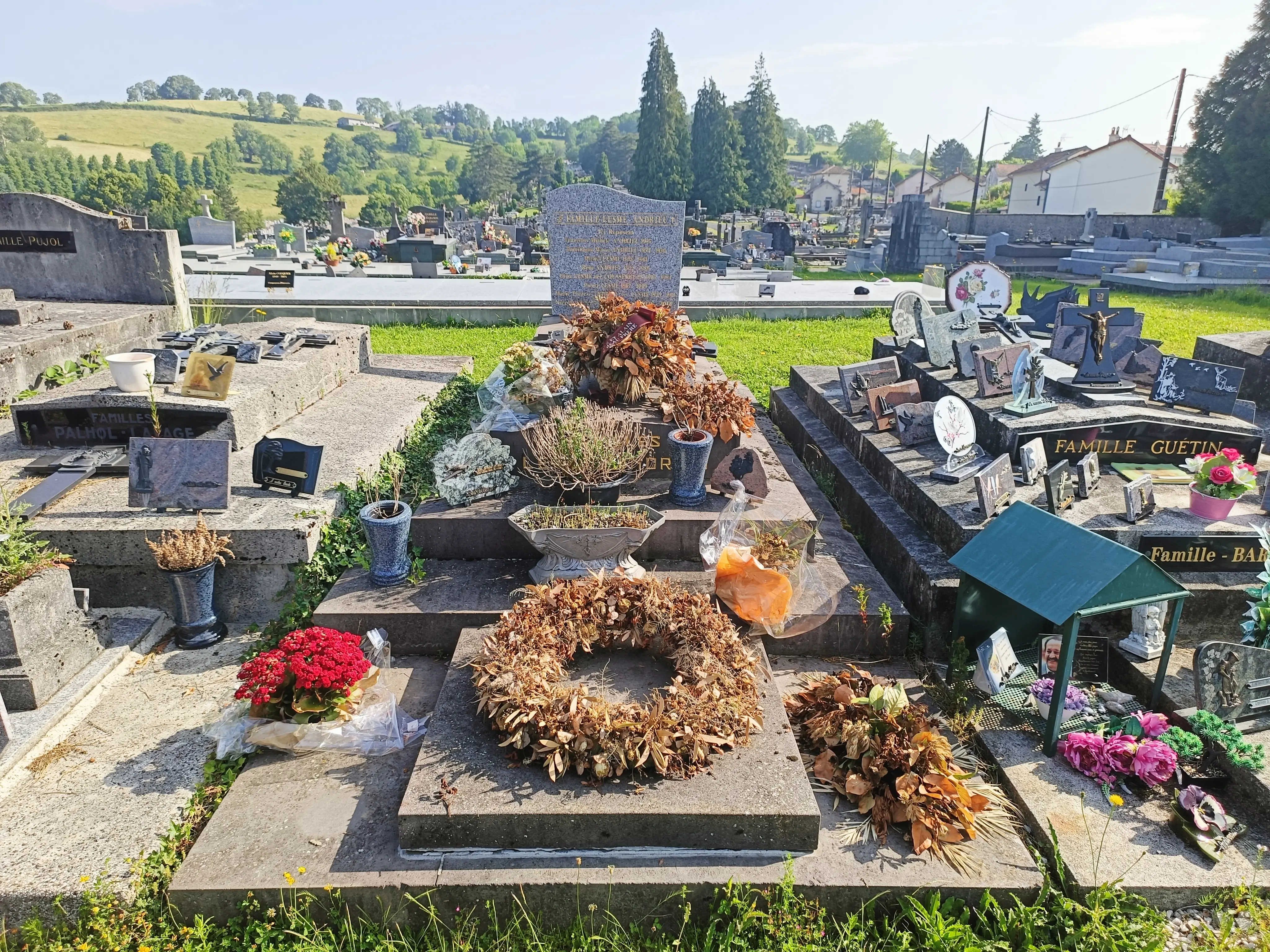 Cimetière avec de nombreuses tombes et monuments gravés, fleurs artificielles et couronnes sur les pierres, paysages verdoyants en arrière-plan.