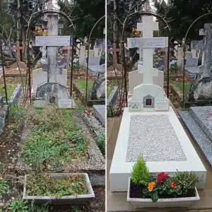 Tombe de cimetière avec croix et fronton, avant/après entretien: left montre jardin sauvage et pots dégradés; right montre tombe rénovée avec génoise blanche, gravure et jardinières fleuries.