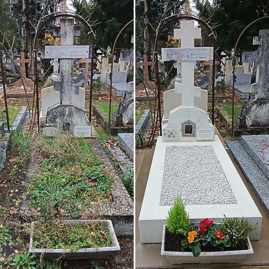 Tombe de cimetière avec croix et fronton, avant/après entretien: left montre jardin sauvage et pots dégradés; right montre tombe rénovée avec génoise blanche, gravure et jardinières fleuries.