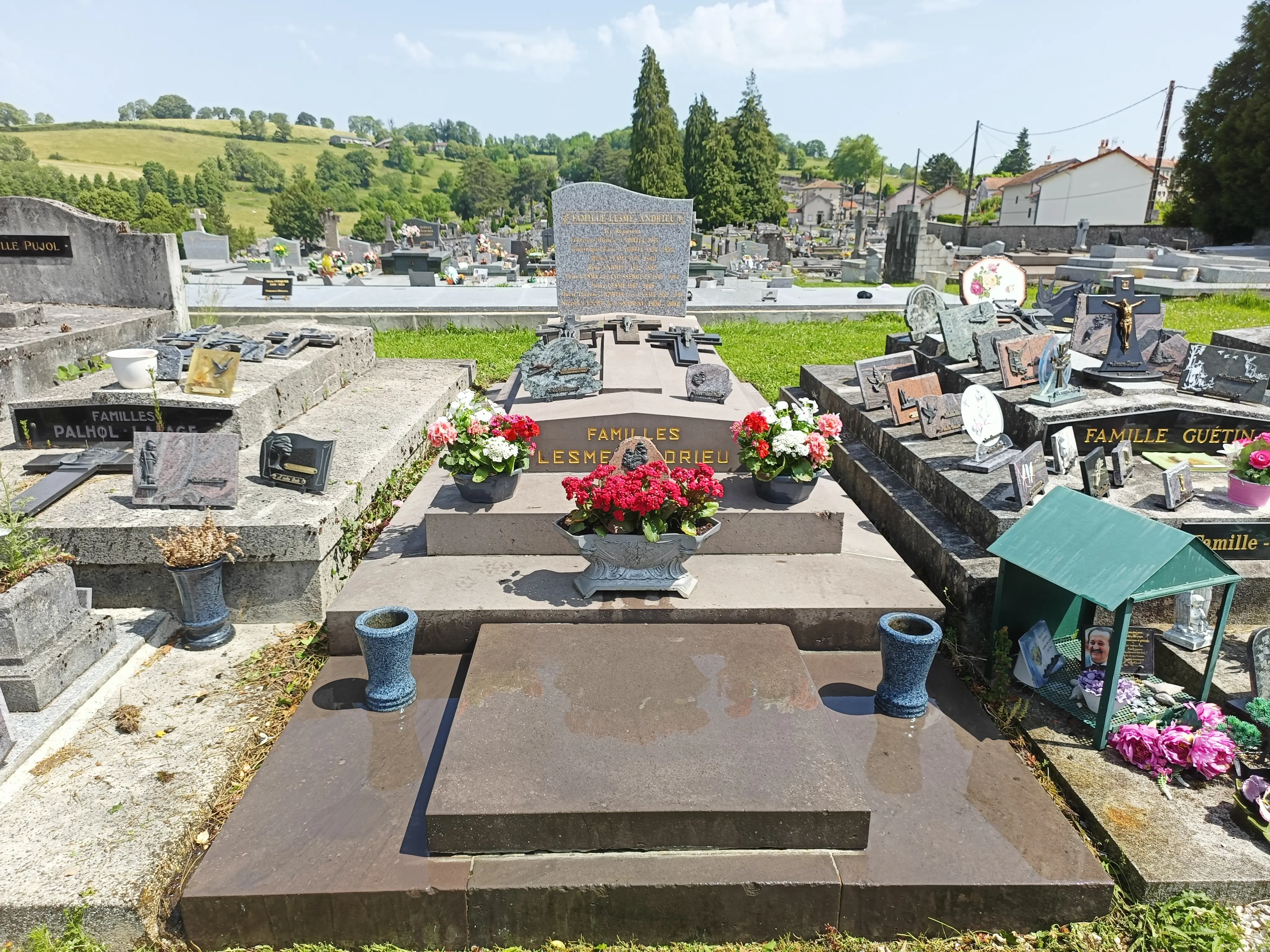 Tombe de cimetière avec pierre tombale centrale, vase de fleurs rouges et bouquets, entourée d’autres monuments funéraires gravés et tombes adjacentes dans un champ de cemeteries.