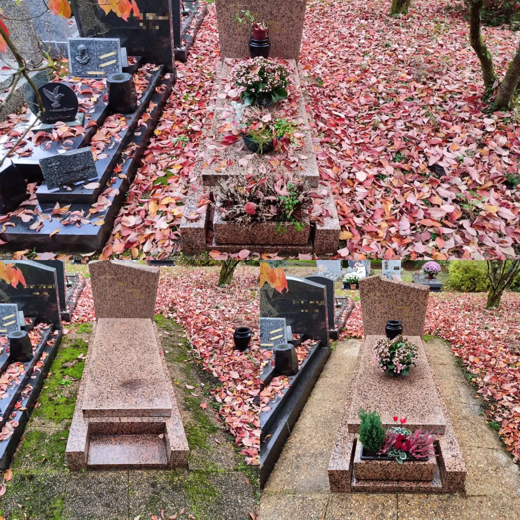 Tombe en pierre gravillonnée entourée de feuilles d’automne rouges et orange, avec jardinières de fleurs et ornements déposés.