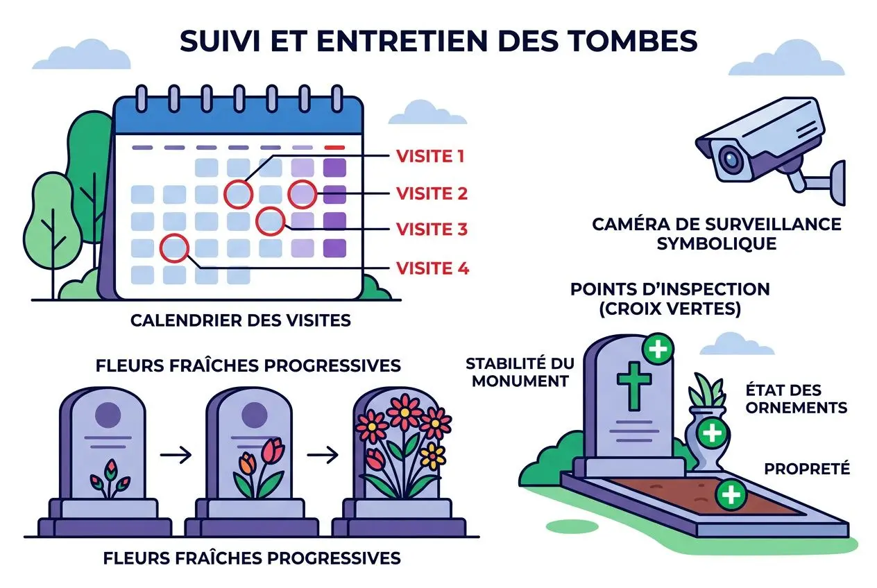 Centre d’un calendrier de visites pour le suivi et l’entretien des tombes, avec caméras de surveillance symboliques, points d’inspection, fleurs fraîches progressives et état des ornements. Limiter les vols et dégradations grâce aux passages réguliers du contrat in memoriam.