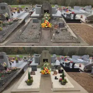 Deux tombes avant et après entretien, avec des fleurs colorées au centre et des gravillons blancs sur les accotements, dans un cimetière.
