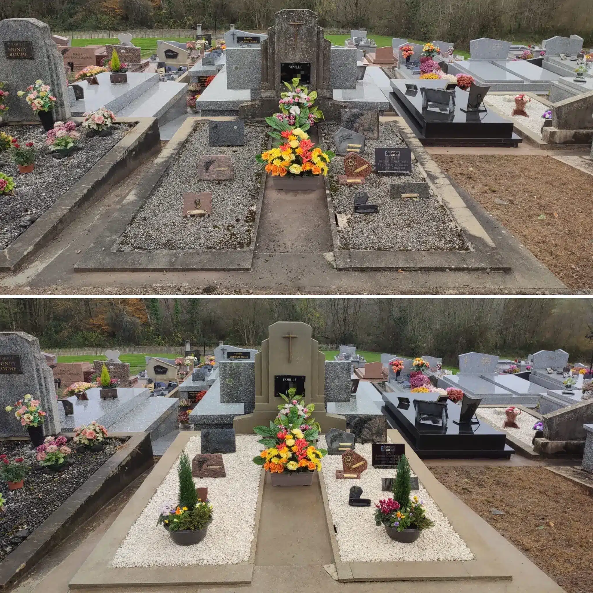 Deux tombes avant et après entretien, avec des fleurs colorées au centre et des gravillons blancs sur les accotements, dans un cimetière. Deux tombes avant et après entretien, avec des fleurs colorées au centre et des gravillons blancs sur les accotements, dans un cimetière.