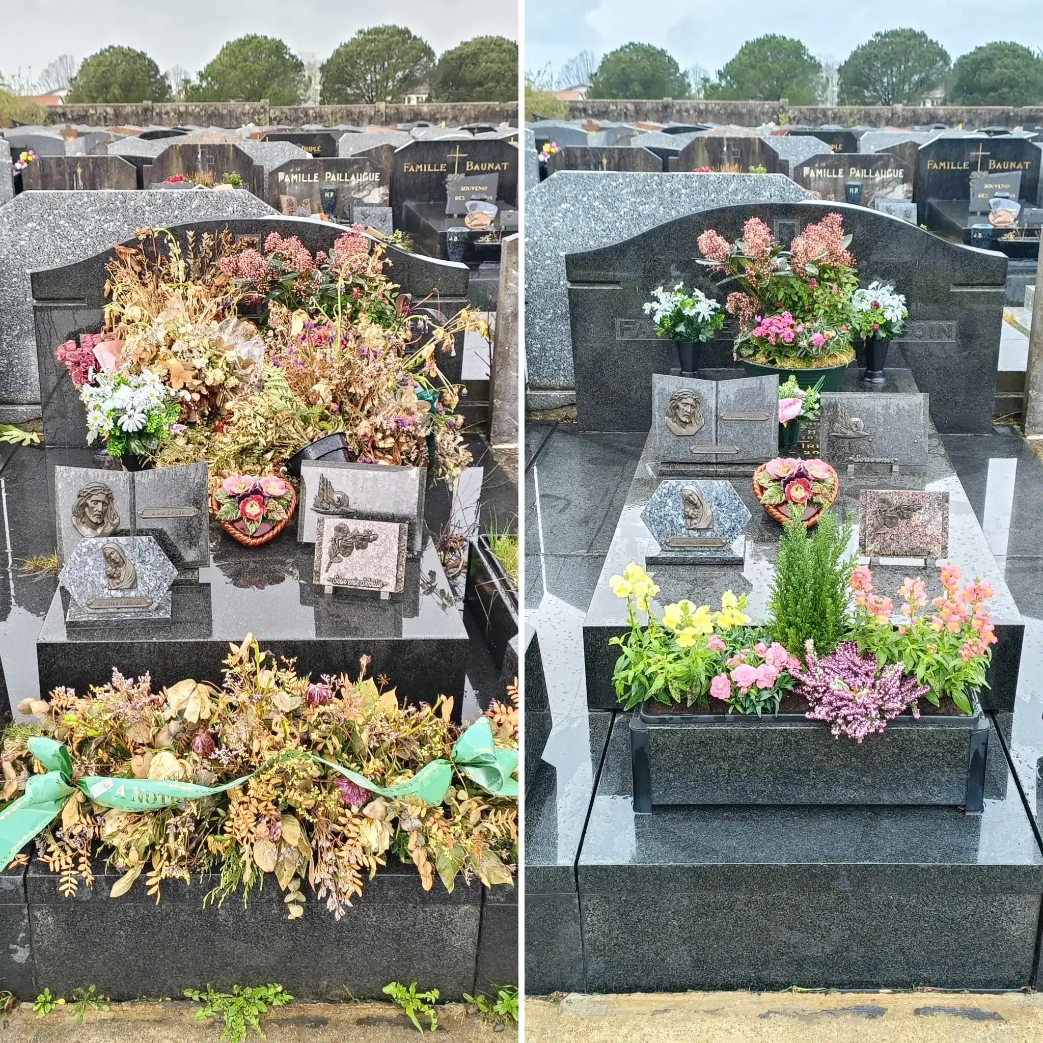 Deux tombes de cimetière en pierre sombre décorées de bouquets et statues; l’une avec des fleurs séchées fanées, l’autre fleurie avec plantes et compositions florales colorées. Deux tombes de cimetière en pierre sombre décorées de bouquets et statues; l’une avec des fleurs séchées fanées, l’autre fleurie avec plantes et compositions florales colorées.