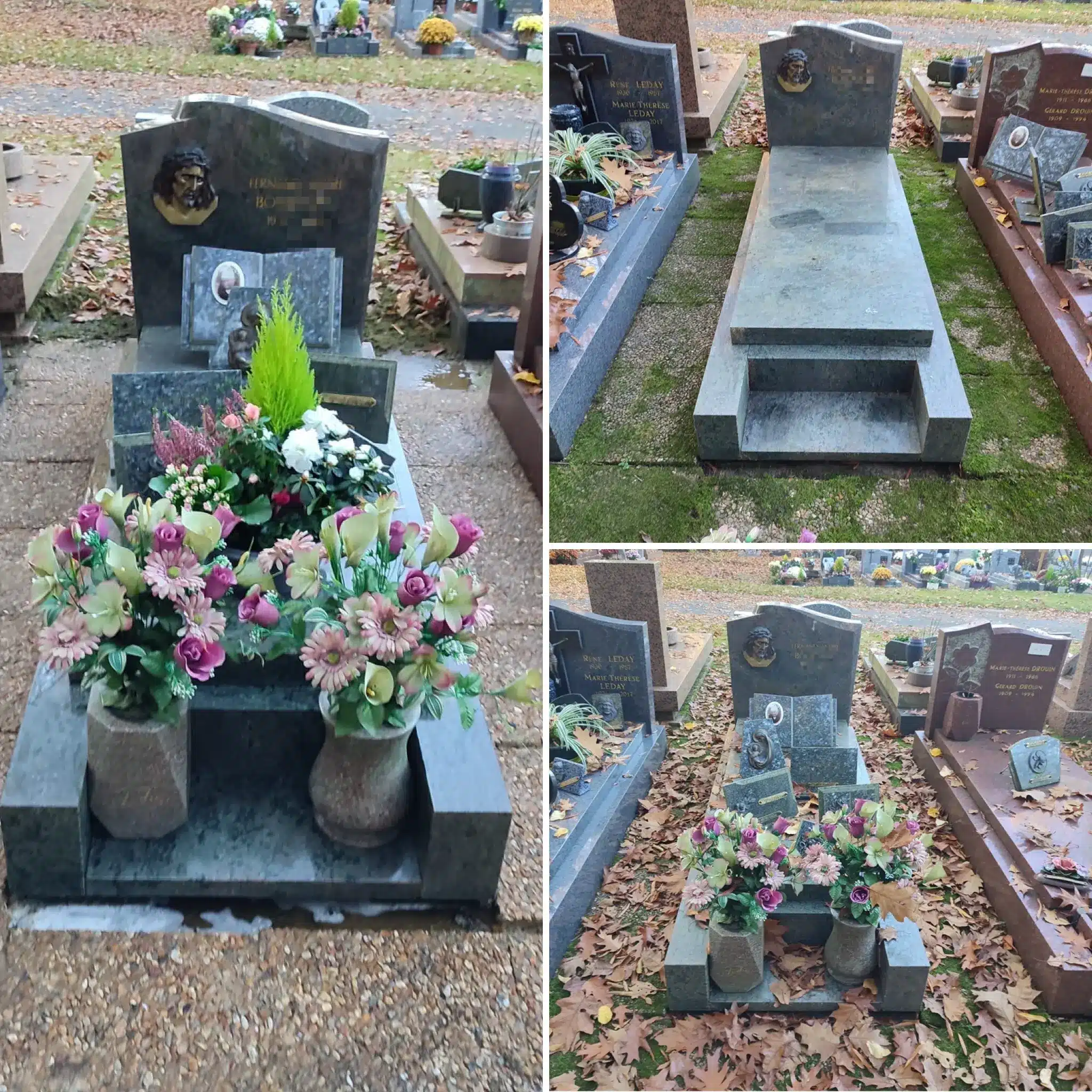 Tombe en pierre élégamment décorée de bouquets colorés et vases floraux sur les côtés, entourée de feuilles d’automne. Tombe en pierre élégamment décorée de bouquets colorés et vases floraux sur les côtés, entourée de feuilles d’automne.