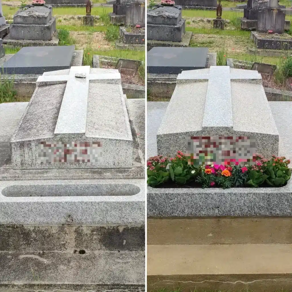 Tombe en pierre grise rectangulaire avec croix beigeau dessus; avant-après: côté gauche montre tombes tombant usée, côté droit nettoyée avec fleurs colorées plantées autour, entourages gravats et entités funéraires au background.