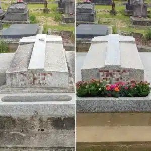 Tombe en pierre grise rectangulaire avec croix beigeau dessus; avant-après: côté gauche montre tombes tombant usée, côté droit nettoyée avec fleurs colorées plantées autour, entourages gravats et entités funéraires au background.