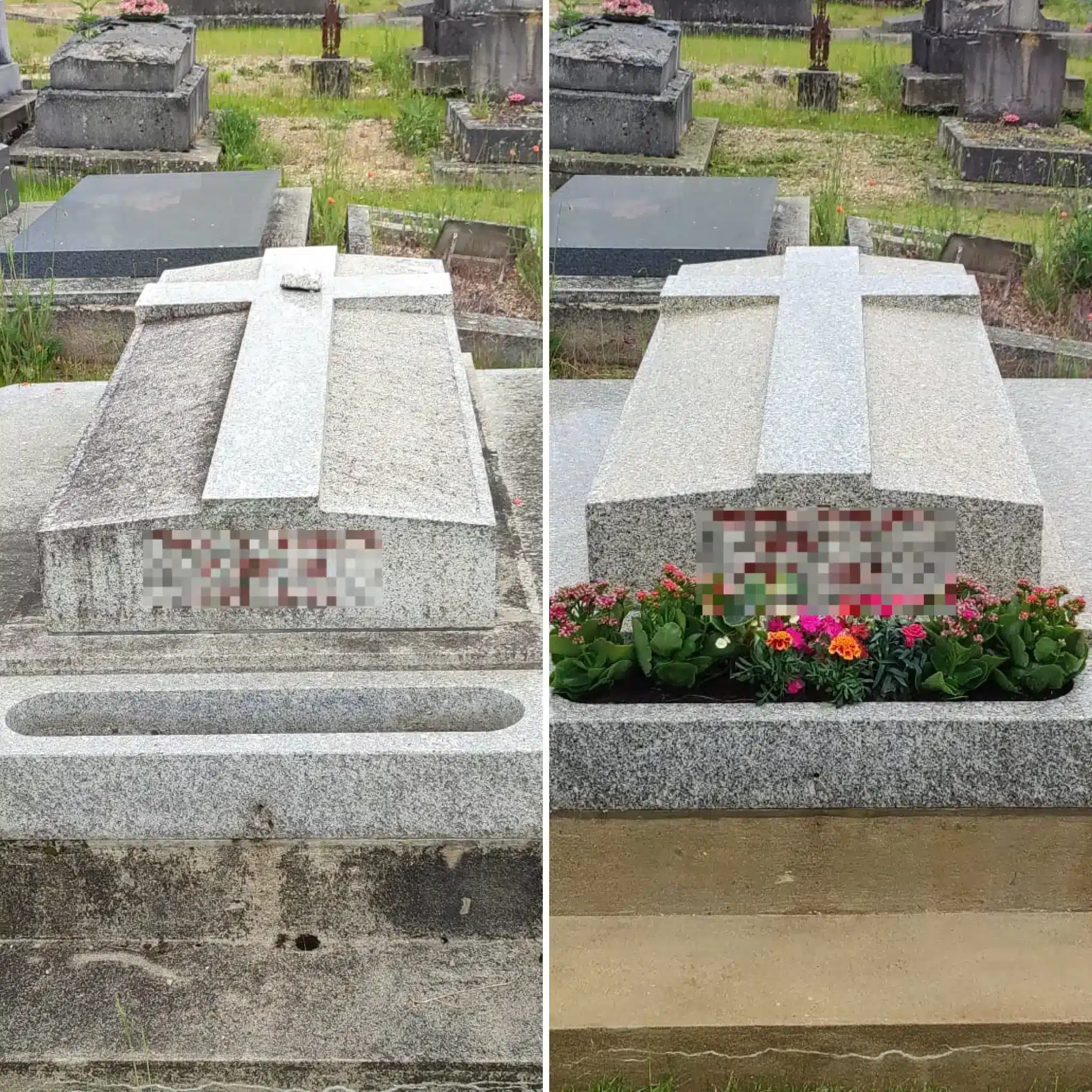 Tombe en pierre grise rectangulaire avec croix beigeau dessus; avant-après: côté gauche montre tombes tombant usée, côté droit nettoyée avec fleurs colorées plantées autour, entourages gravats et entités funéraires au background.