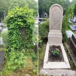Tombe recouverte de vigne dense et auto-netoyante; côté droit, pierre tombale rectangulaire avec fleurs en pot sur la pose de terre.