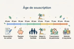 Âge de souscription: graphique illustrant les étapes de prévention financière, de la souscription du contrat à la sérénité à long terme. Étapes: épargne active, protection familiale, départ à la retraite, transmission du patrimoine.