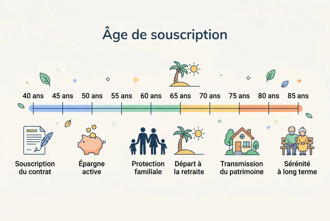Âge de souscription, illustration montrant une échelle de 40 à 85 ans avec des icônes: contrat, épargne active, protection familiale, départ à la retraite, transmission du patrimoine et sérénité à long terme.