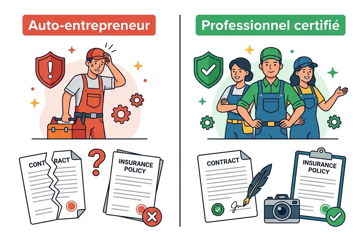Auto-entrepreneur nettoyage tombes vs professionnel certifié: illustration compare risques, documents et assurance; côté droit, équipe certifiée et matériel pro.