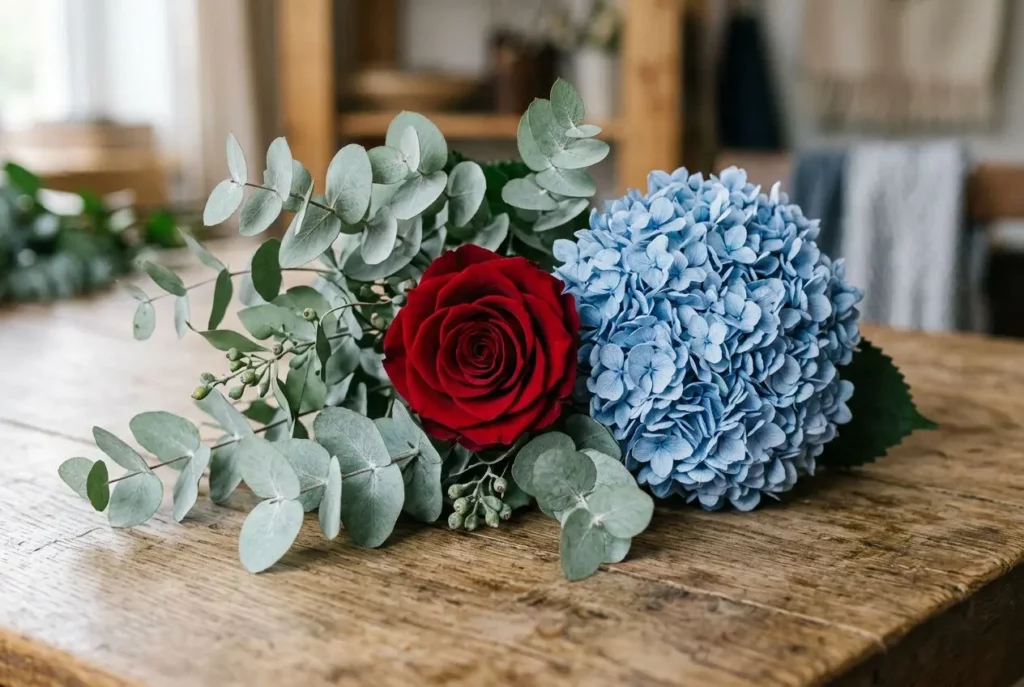 Bouquet de fleurs stabilisées sur bois: rose rouge, hydrangea bleu et feuillage gris-vert, prêt à conserver longtemps. en de temps dure une fleur stabilisée