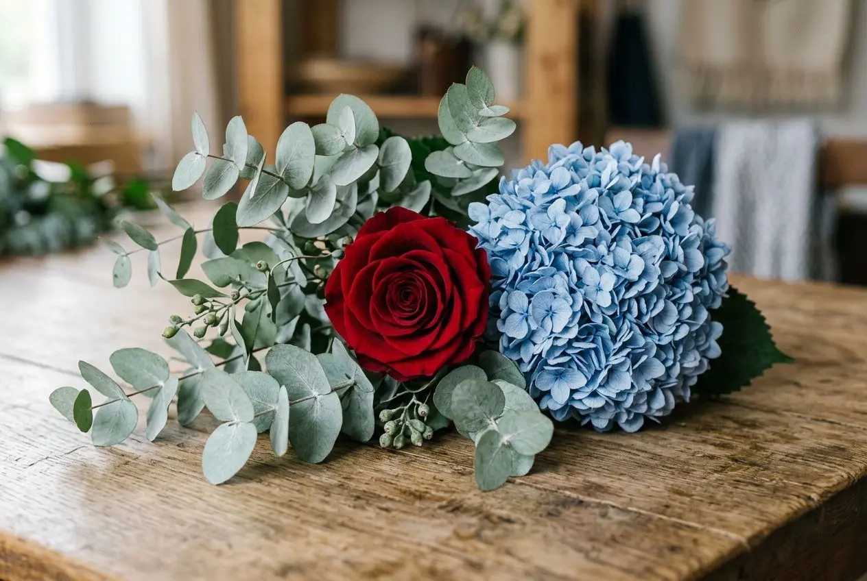 Bouquet de fleurs stabilisées sur bois: rose rouge, hydrangea bleu et feuillage gris-vert, prêt à conserver longtemps. en de temps dure une fleur stabilisée