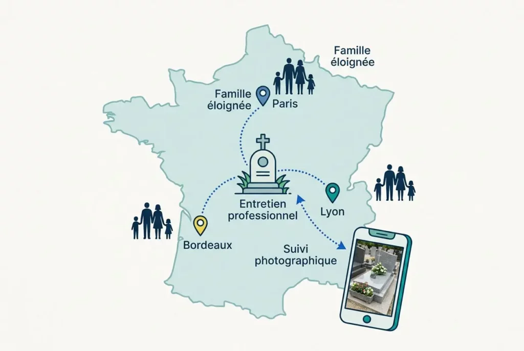 Carte de France montrant un service d’entretien funéraire: itinéraire entre Paris, Lyon, Bordeaux, avec suivi photo et symbole de tombe; fleurissement tombe à l'avance intégré.