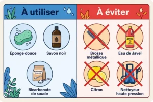 Comment nettoyer une tombe en granit : conseils pratiques et produits à privilégier, avec savon noir ou bicarbonate pour l’entretien du granit.
