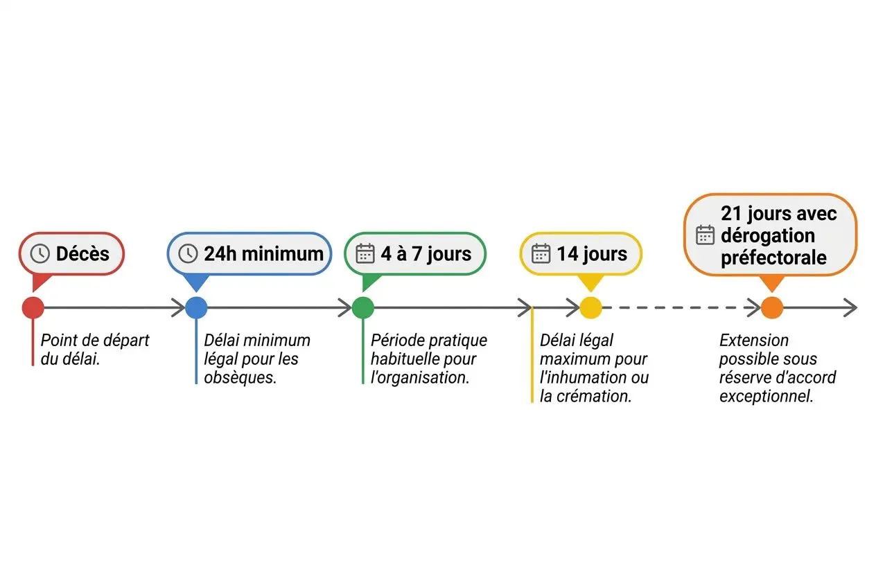 Délai entre le décès et l'enterrement: calendrier montrant les étapes jusqu’à 14 jours légalement, avec extension possible sous accord préfectoral.