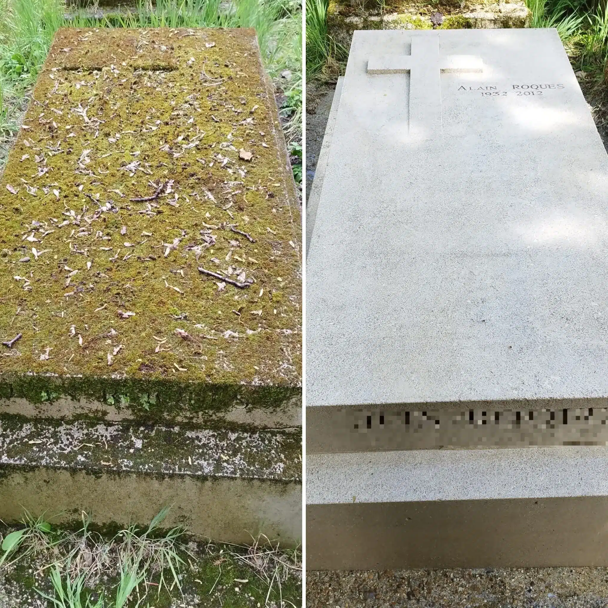 Deux pierres tombales côte à côte: une tombée recouverte de mousse et de feuilles mortes; l’autre tombale lisse et propre avec une croix gravée et des inscriptions. Deux pierres tombales côte à côte: une tombée recouverte de mousse et de feuilles mortes; l’autre tombale lisse et propre avec une croix gravée et des inscriptions.