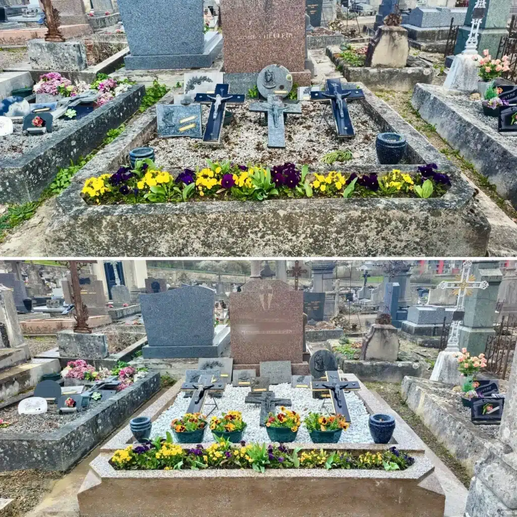 Deux sépultures dans un cimetière, avec des tombes décorées de fleurs colorées et de croix, visibles en premier plan et arrière-plan.