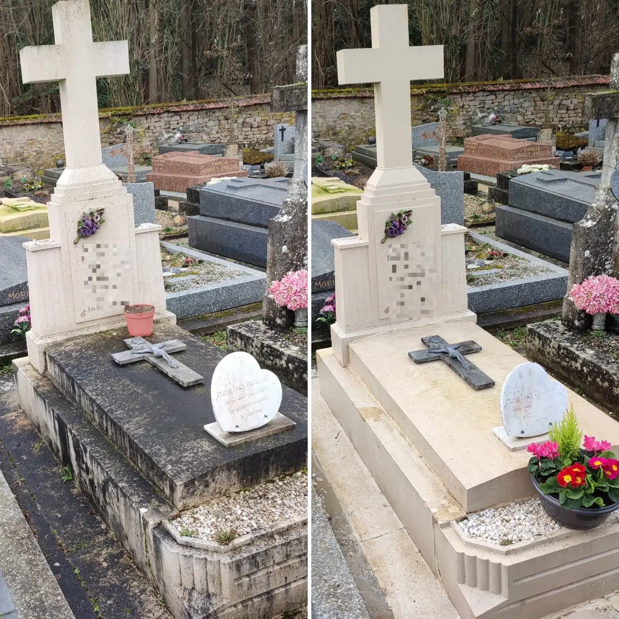 Deux tombes côté à côté dans un cimetière, avec une croix et des monuments en pierre; la tombe de droite est plus claire et fleurie, la left montre des fleurs et un cœur gravé. Deux tombes côté à côté dans un cimetière, avec une croix et des monuments en pierre; la tombe de droite est plus claire et fleurie, la left montre des fleurs et un cœur gravé.
