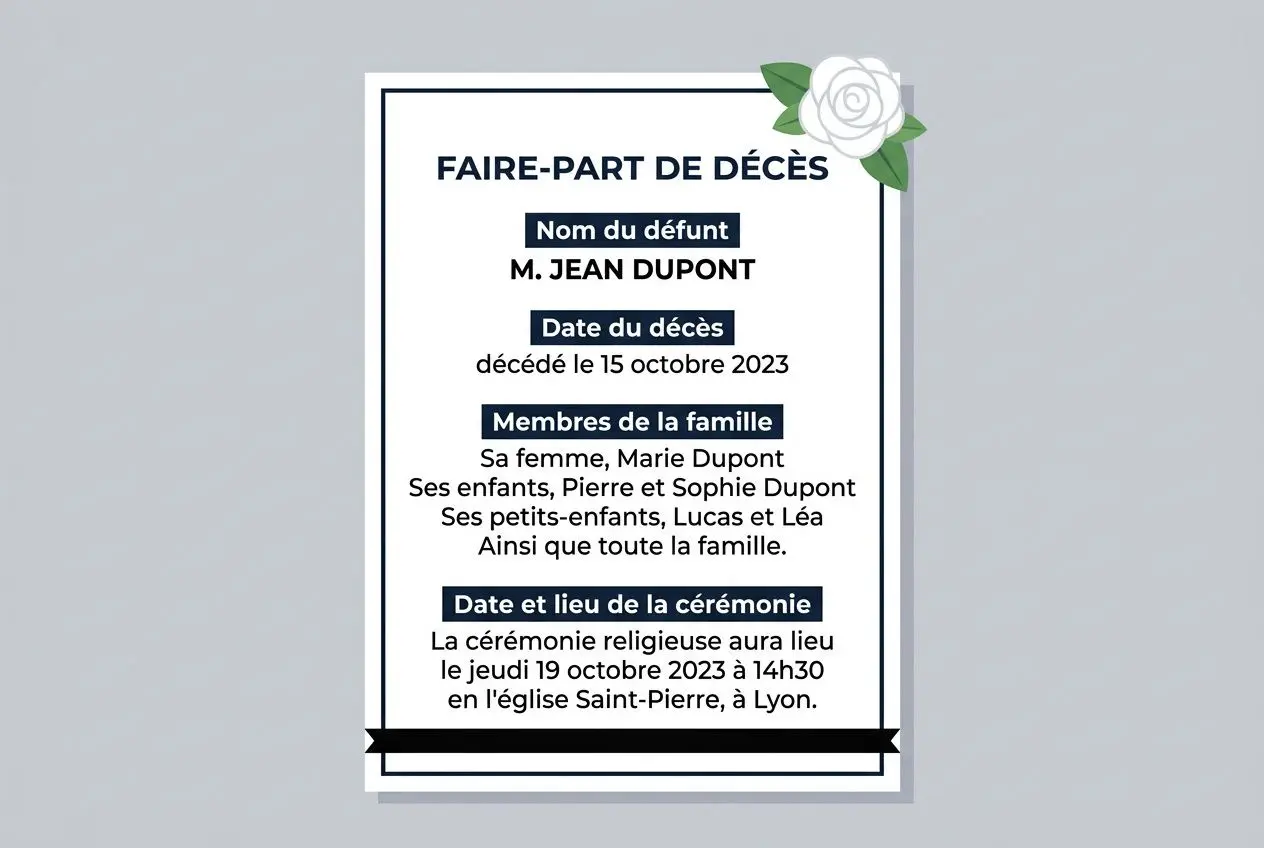 Faire-part de décès bleu et blanc avec texte formaté sur cadre, roses blanches en coin supérieur droit, détails nom, date, famille et cérémonie. intégré: comment annoncer les funérailles dans le contexte.