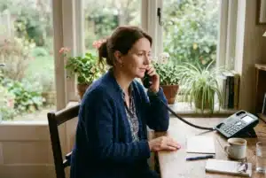 Femme âgée au téléphone fixe, assise à un bureau en intérieur, écriture et carnet à côtés, fenêtre avec plantes à l’arrière. Intègre subtilement le contexte « comment annoncer les funérailles ».