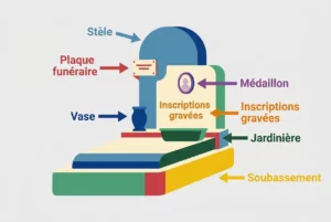 Illustration schématique d’un monument funéraire avec inscriptions gravées, vase, médaillon et stèle, montrant les différentes parties. Intègre le thème: comment entretenir une tombe au cimetière.