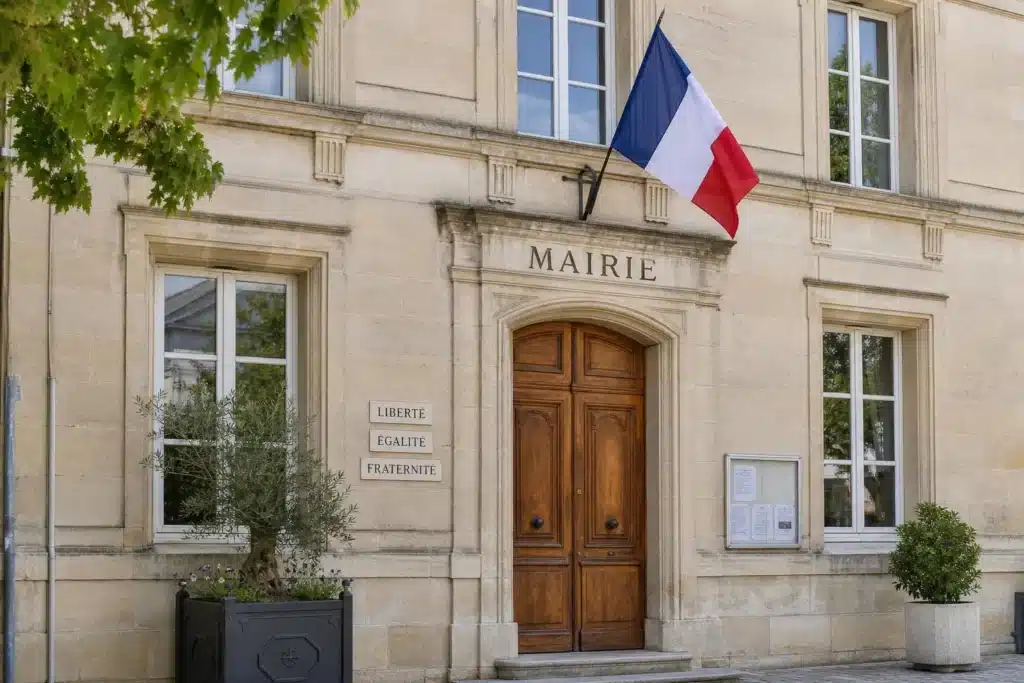 Mairie française avec drapeau, entrée en bois, façade stone, symbole Liberté Égalité Fraternité sur plaque, qui s’occupe des obsèques d'une personne seule au centre.