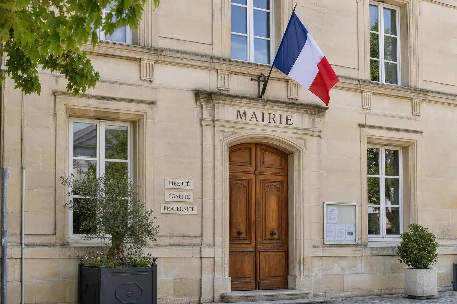 Mairie française avec drapeau, entrée en bois, façade stone, symbole Liberté Égalité Fraternité sur plaque, qui s’occupe des obsèques d'une personne seule au centre.