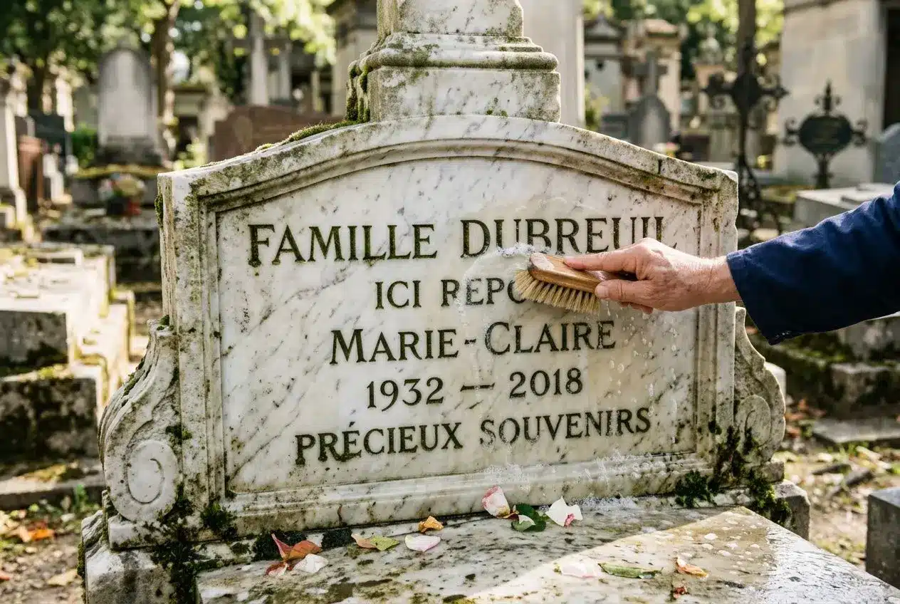 Personne brossant délicatement une tombe en pierre blanche sur un cimetière, laissant tomber des feuilles sur la dalle gravée.