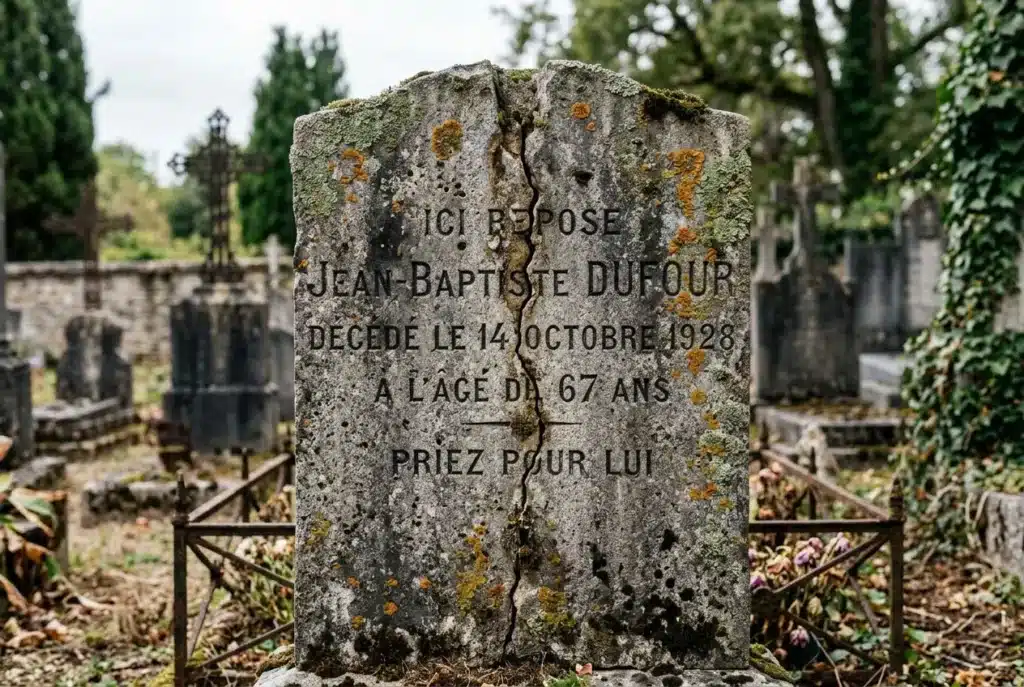Pierre tombale cassée au cimetière avec inscription gravée, fissures visibles et lierre sur le mausolée.