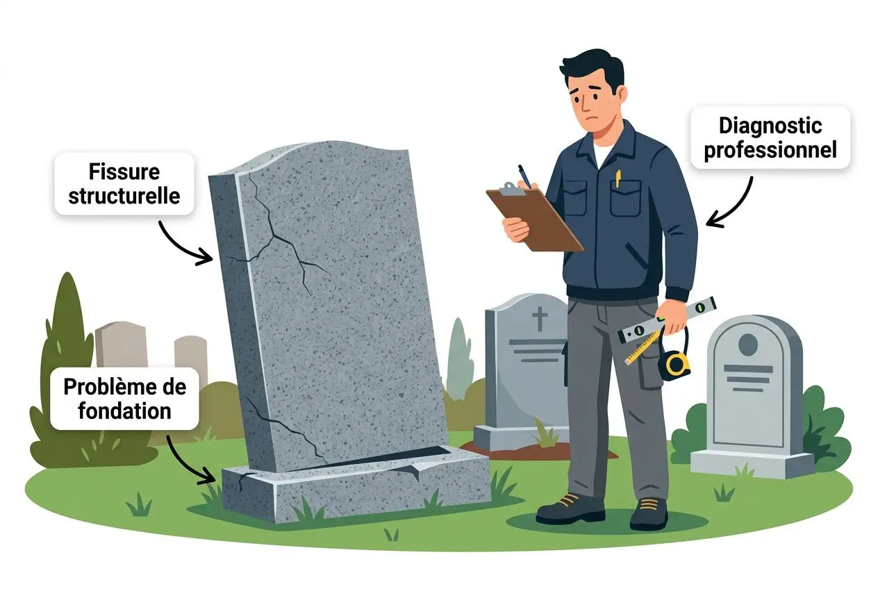 Pierre tombale cassée visible avec fissures et affaissement, homme portant carnet et outils, spécialiste diag. professionnel à proximité.