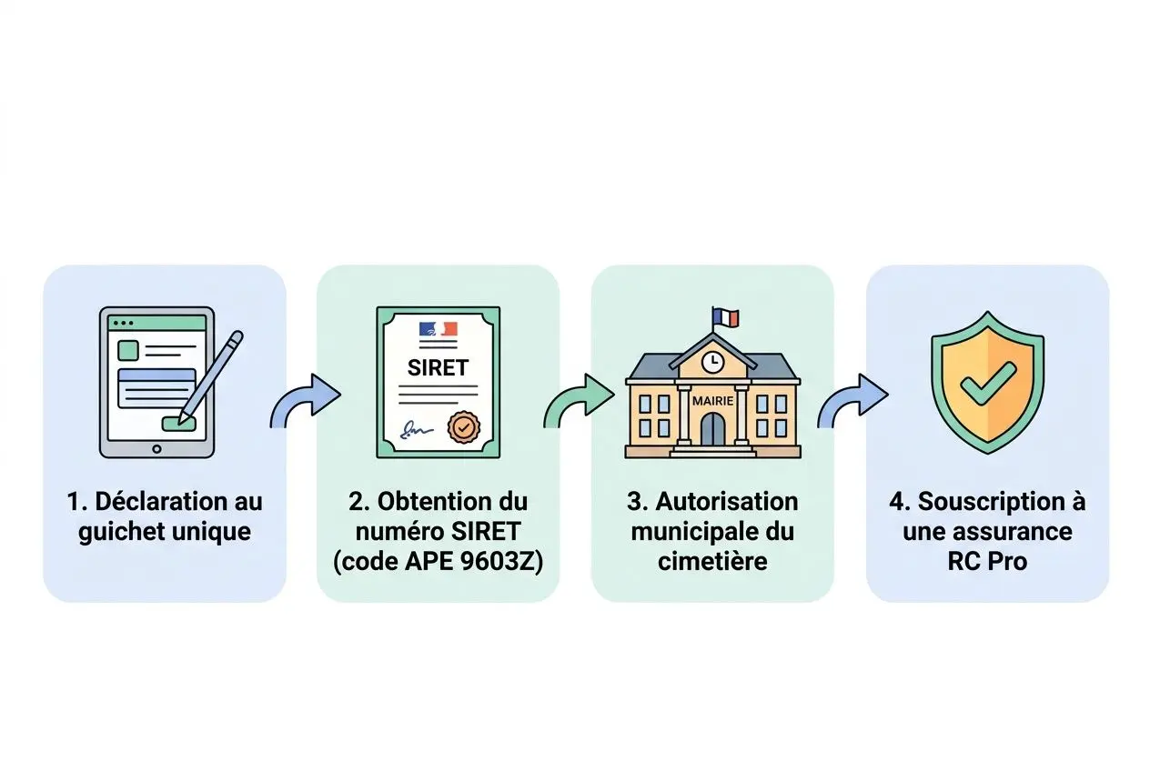 Processus illustré montrant les étapes pour un auto-entrepreneur nettoyage tombes: déclaration guichet unique, obtention du numéro SIRET, autorisation municipale du cimetière, souscription à une assurance RC Pro : responsabilité auto-entrepreneur nettoyage tombes.