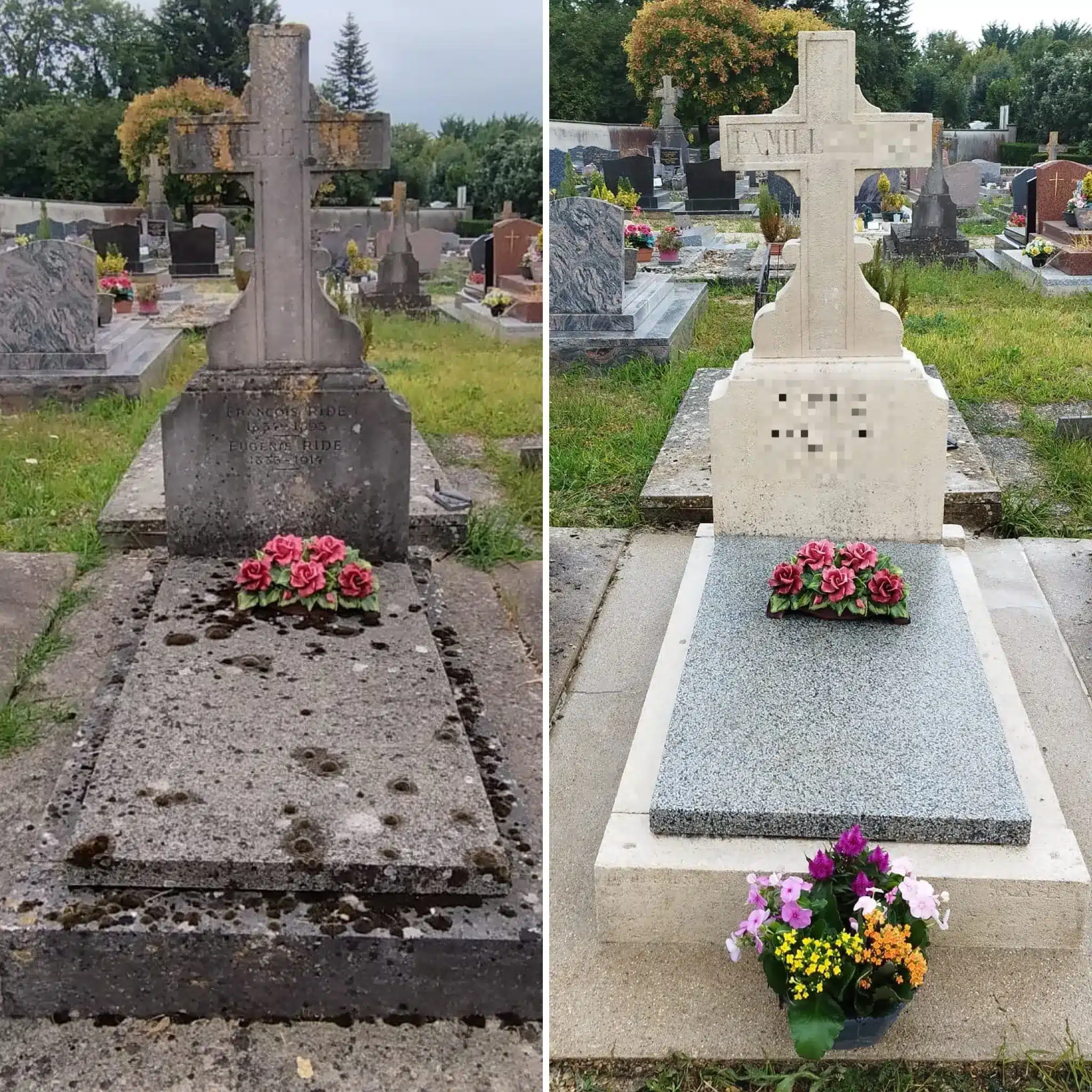 Tombe de cimetière avant/après entretien: croix gravée sur pierre, plaque tombale bordée de fleurs artificielles rouges; gauche: pierre sombre et mosaique, accès humide; droite: restauration lumineuse avec chapelle et fleurs fraîches devant la tombe. Tombe de cimetière avant/après entretien: croix gravée sur pierre, plaque tombale bordée de fleurs artificielles rouges; gauche: pierre sombre et mosaique, accès humide; droite: restauration lumineuse avec chapelle et fleurs fraîches devant la tombe.