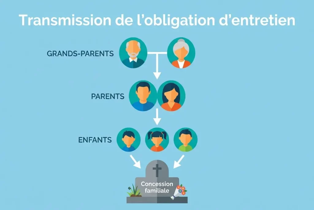 Transfert de l’obligation d’entretien systématique entre les générations : grands-parents, parents et enfants convergent vers une concession familiale au cimetière.