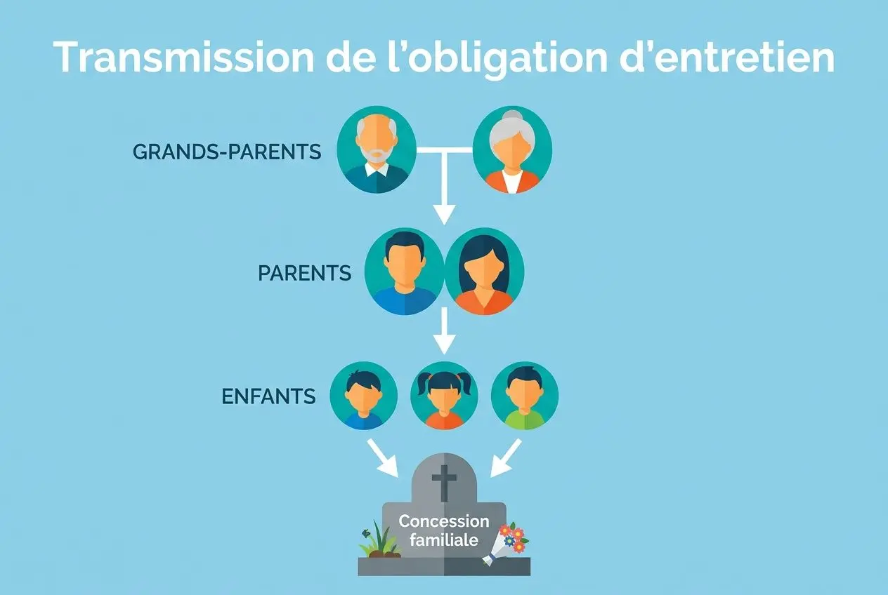 Transfert de l’obligation d’entretien systématique entre les générations : grands-parents, parents et enfants convergent vers une concession familiale au cimetière.