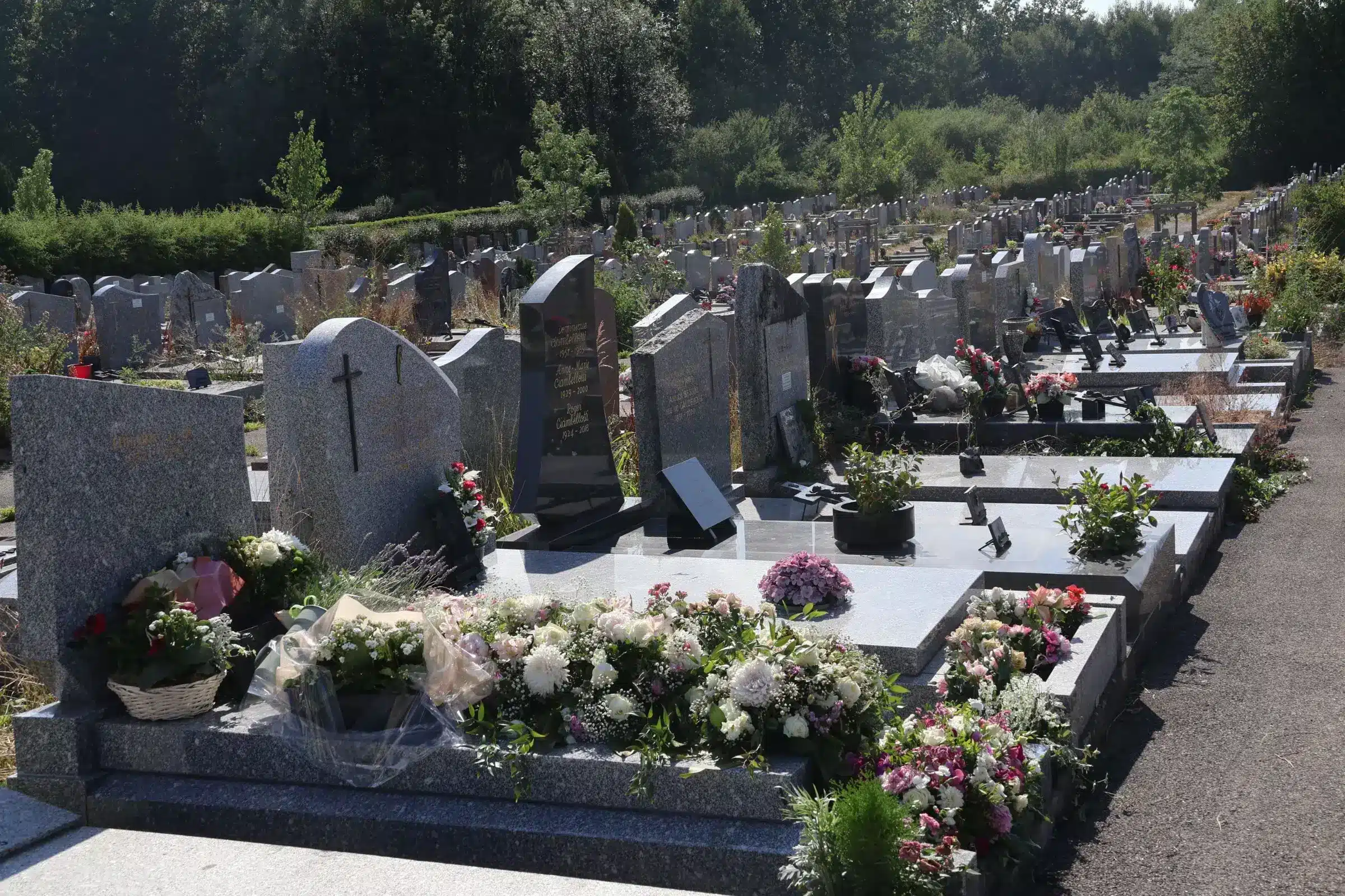 Allées de tombes dans un cimetière avec des monuments funéraires et des fleurs, évoquant le thème des cercueils en fin de concession et les différentes options comme exhumation ou crémation.