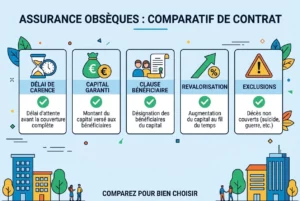 Avantages contrat obsèques préalable : infographie présentant les garanties comme délai de carence, capital garanti, clause bénéficiaire, revalorisation et exclusions.
