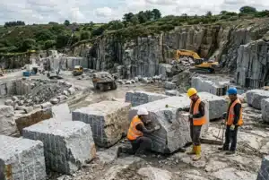 Chantier d’extraction de granit avec ouvriers en gilet orange, casque et outils sur des blocs de pierre massifs dans une carrière rocheuse. provenance des pierres tombales en france