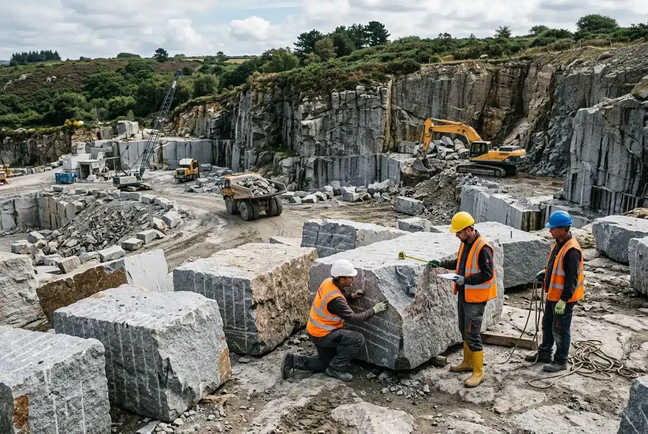 Chantier d’extraction de granit avec ouvriers en gilet orange, casque et outils sur des blocs de pierre massifs dans une carrière rocheuse. provenance des pierres tombales en france