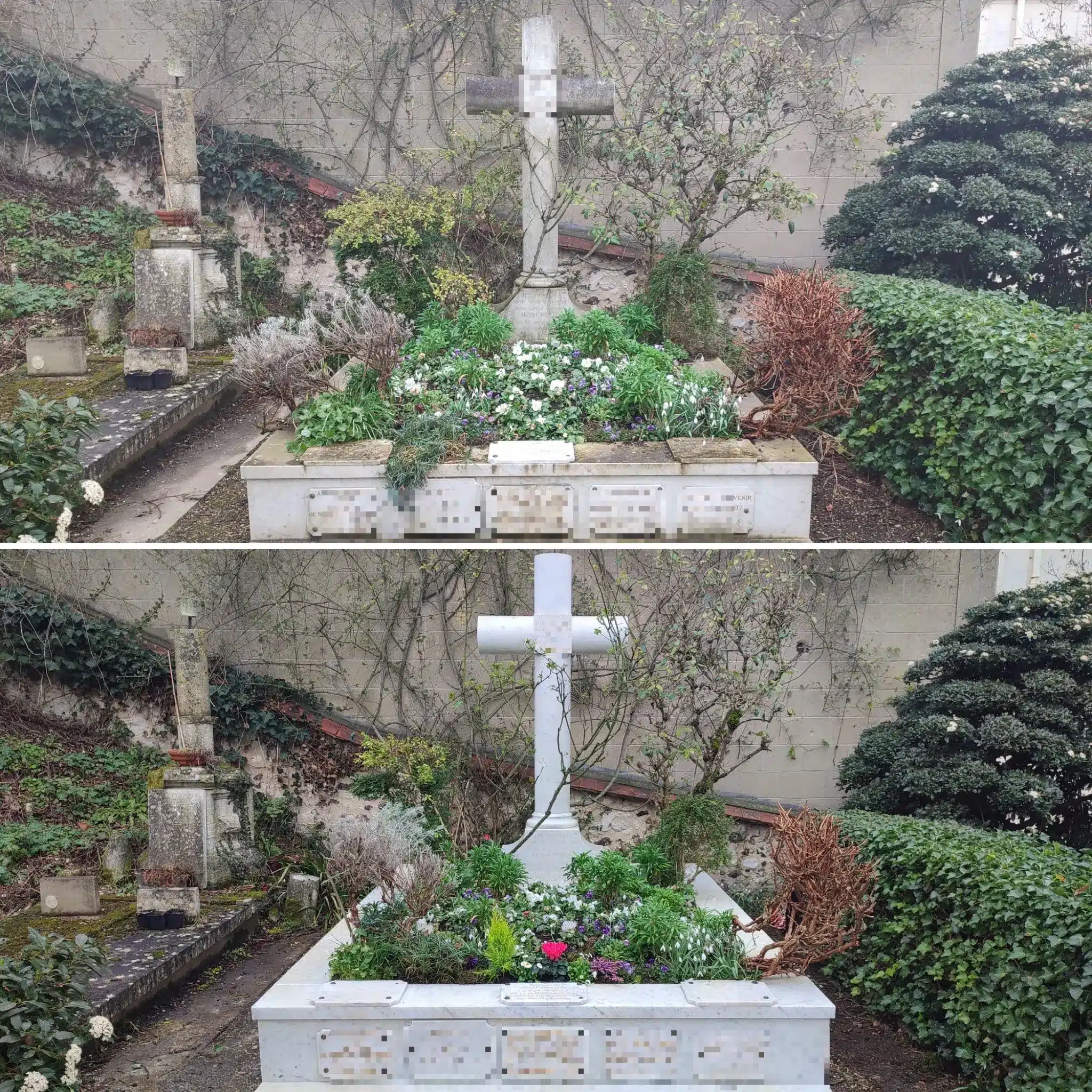 Croix blanche monumentale entourée de fleurs et de jardinières bien entretenues; restitution d’un tombeau avec fleurs colorées, avant/après modification.