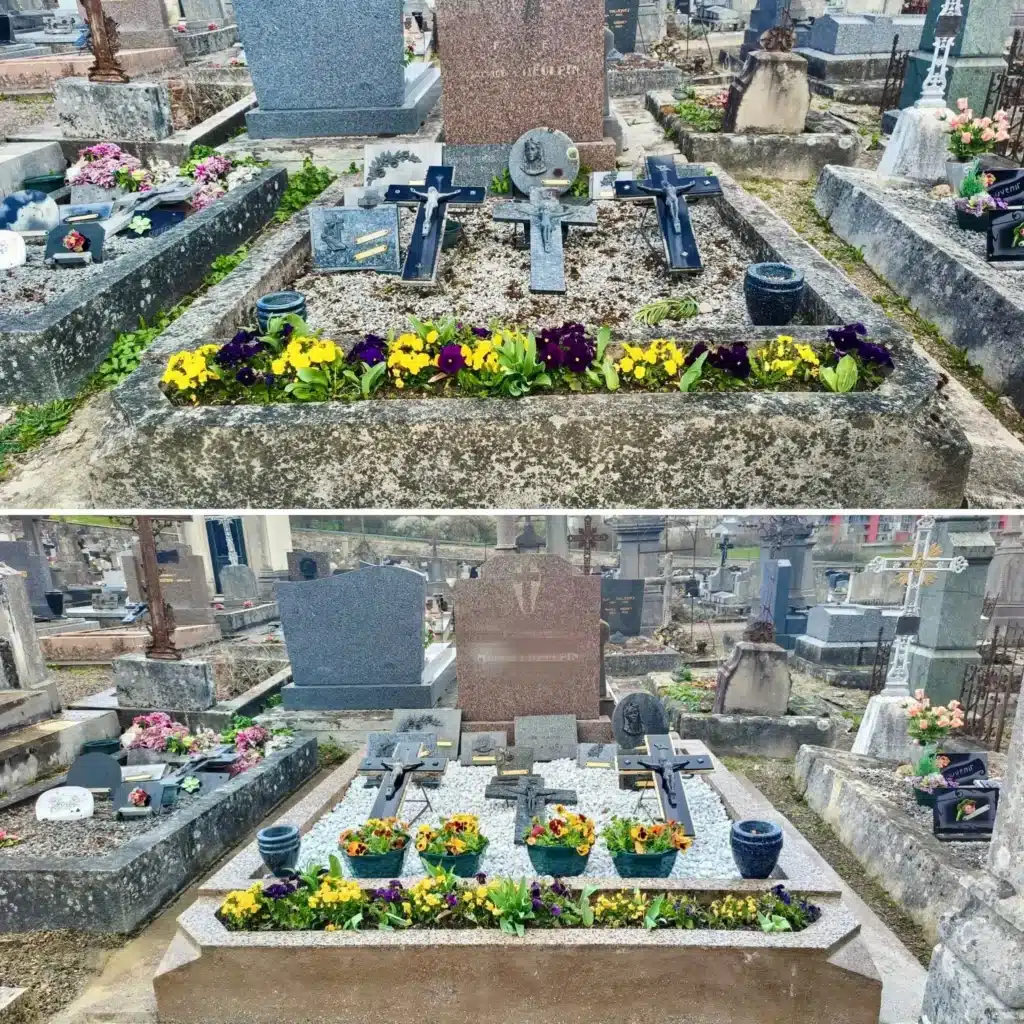 Deux photos montrant des tombes de cimetière entretenues, avec des fleurs colorées plantées dans les parterres et des croix en métal. Texte intégré: faire fleurir une tombe à distance.