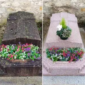 Deux tombes avant/après entretien: à gauche, tombe sombre recouverte de mousse et fleurs près du socle; à droite, tombe claire entretenue avec un vase floral et parterres de fleurs multicolores.