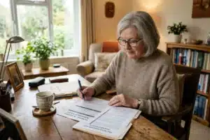 Une femme âgée signe des documents sur une table en bois, avec une tasse et des papiers devant elle dans un salon lumineux. contrat obsèques hors succession.