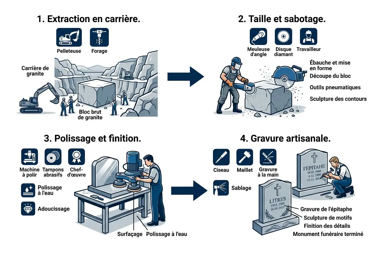 Processus de fabrication des pierres tombales: extraction, traitement et gravure artisanale, avec polissage et finition. provenance des pierres tombales en france évoquée.