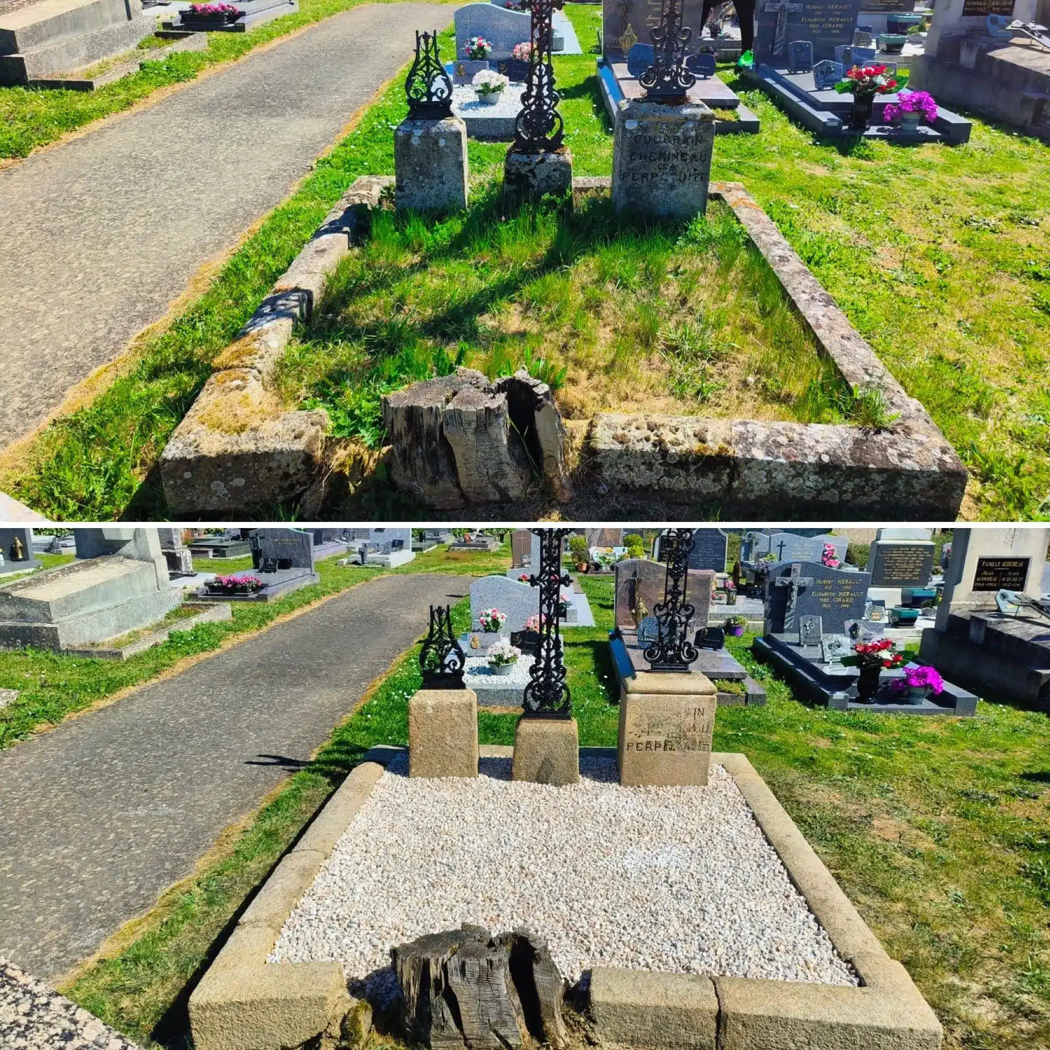 Tombe ancienne montrant dégâts et réparation: avant/après remise en état avec rebouchage et pavage, entourée de gravier propre et monuments voisins.