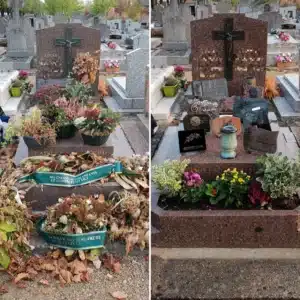 Tombe gravée avec croix et bouquets colorés, couronne funèbre et souvenirs déposés, décorations florales et objets funéraires devant la stèle.