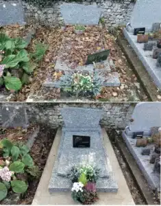 Tombe septique avec gerbes de fleurs et feuillage automnal; vue avant/après, plaque sombre et bouquet floral posé sur la dalle grave.