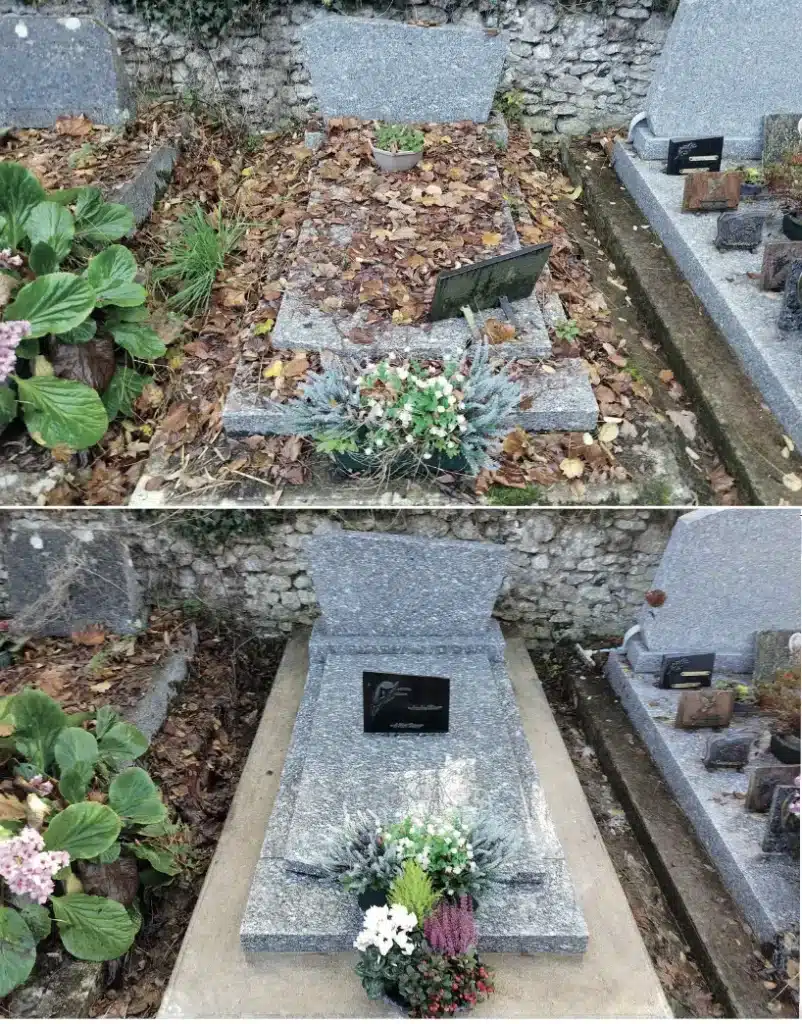 Tombe septique avec gerbes de fleurs et feuillage automnal; vue avant/après, plaque sombre et bouquet floral posé sur la dalle grave.